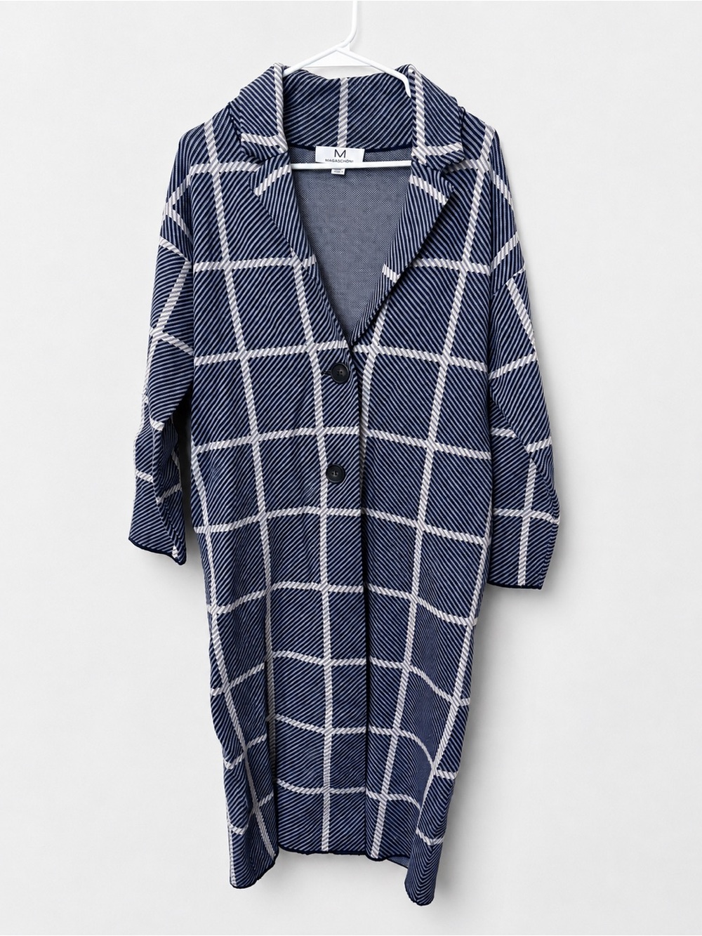 Magaschoni XS Navy Blue Windowpane Plaid Long Cardigan Coat Jacket